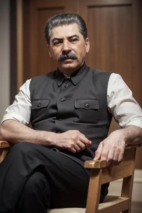 (A medium photo of Joseph Stalin,age up),wearing(black vest,white shirt),sitting on chair,indoor,(masterpiece:1.2) (photorealistic:1.2) (bokeh) (best quality) (detailed skin) (intricate) (8k) (HDR) (cinematic lighting) (sharp focus) (Clutter-Home:1.2),
<lo...
