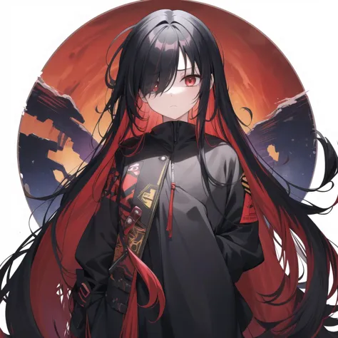 anime girl with long black hair and red eyes standing in front of a sunset