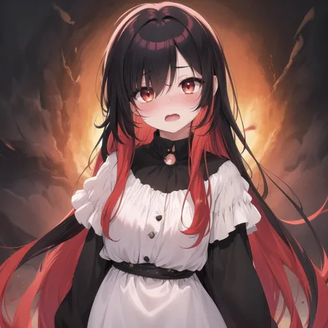 anime girl with long red hair and black dress standing in front of a dark background