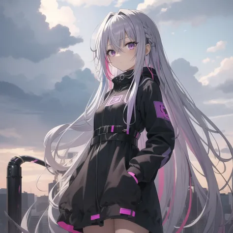 best_quality,masterpiece,1_girl,cowboy shot,  absurdly long hair, messy hair, multicolored hair,  silver hair, purple hair, expressionless,cloudy_sky,