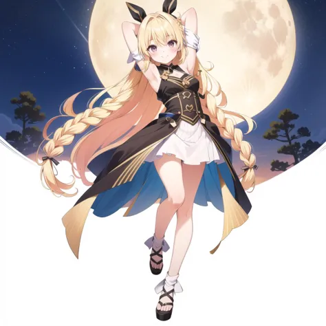 a woman in a dress and cat ears is walking in front of a full moon