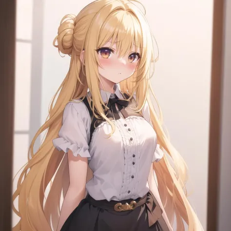 best_quality,masterpiece,1_girl,fcowboy shot, full-face blush, tsundere,  blonde hair, parted bangs, absurdly long hair, half up...