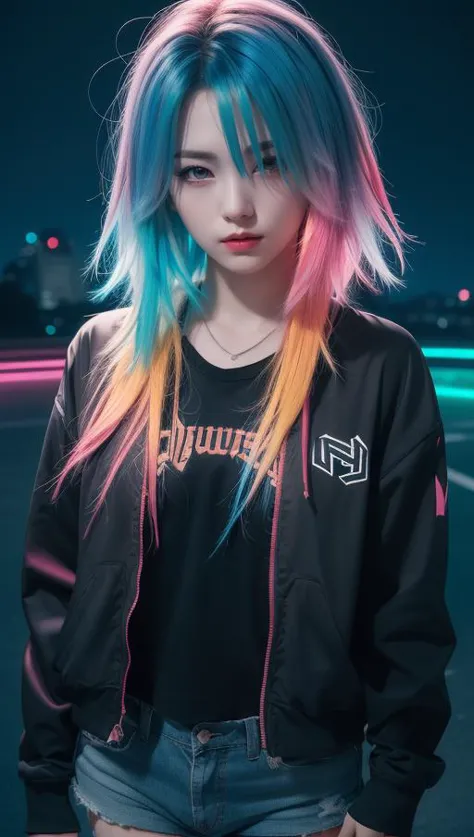 (masterpiece:1),(highest quality:1),(hdr:1),(1girl:1.2),neon clothes,(dual toned hair:1.2),(colored hair:1.1),(looking at viewer...