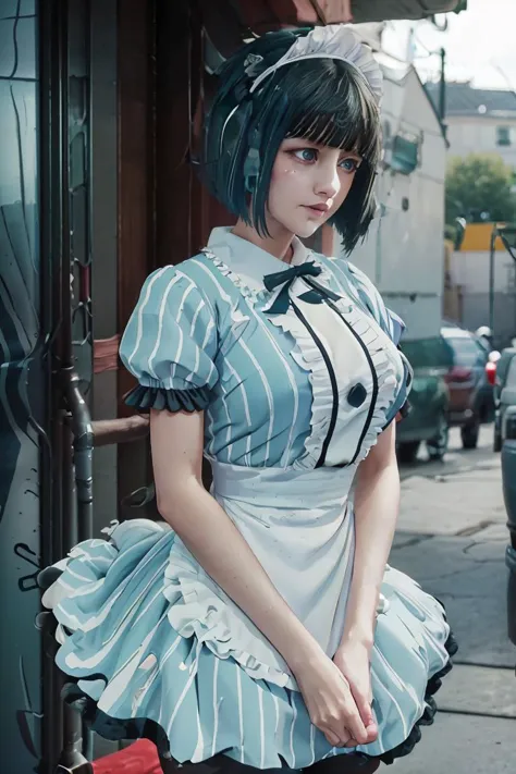 arafed woman in a blue and white dress standing on a sidewalk