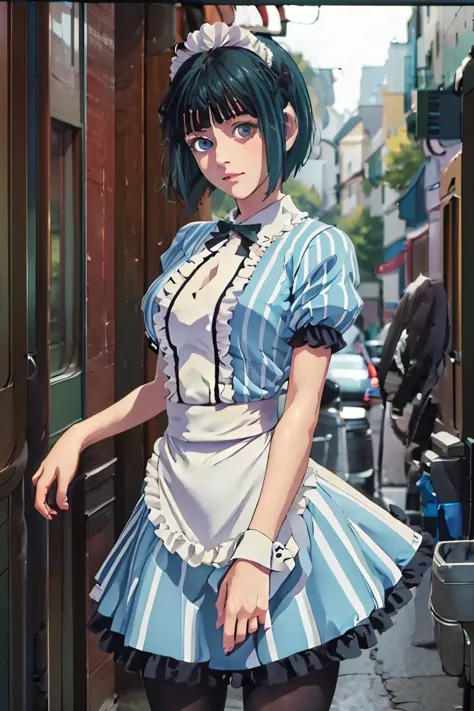 anime girl in a maid outfit standing in a narrow alley