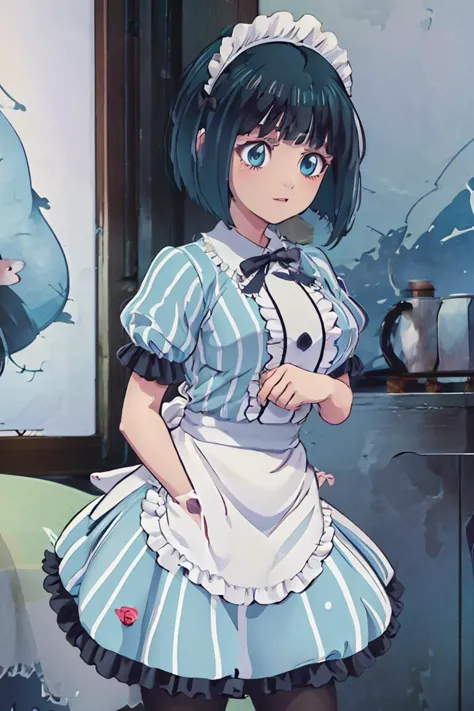 (masterpiece, best quality), 1girl, <lora:ono_shiragiku_v1:1> 1girl, solo, short hair, green hair, bob cut, maid headdress, blue eyes, large breasts, frills, vertical-striped dress, blue dress, short sleeves,  black pantyhose