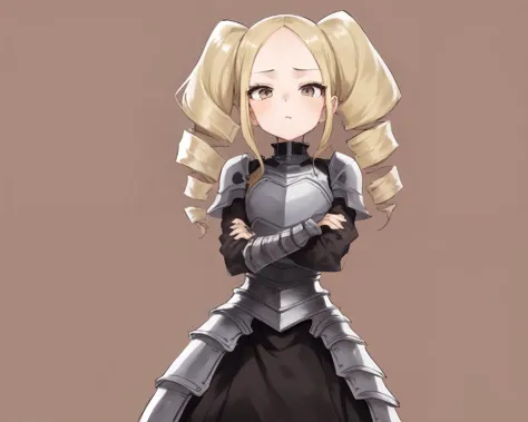 <lyco:yamamoto-nai-lycoris:0.9>
1girl, solo, standing, crossed arms,  armored_dress, forehead, long blonde hair, drill hair, vis...