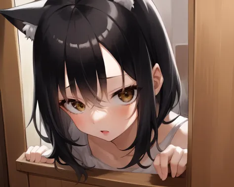 <lyco:yamamoto-nai-lycoris:0.9>
1girl, solo, peeking around corner, cat_ears, forehead, short black hair, yellow eyes, ringed ey...