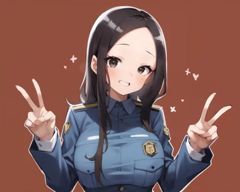 <lyco:yamamoto-nai-lycoris:0.9>
a policewoman with large forehead, v, double_peace