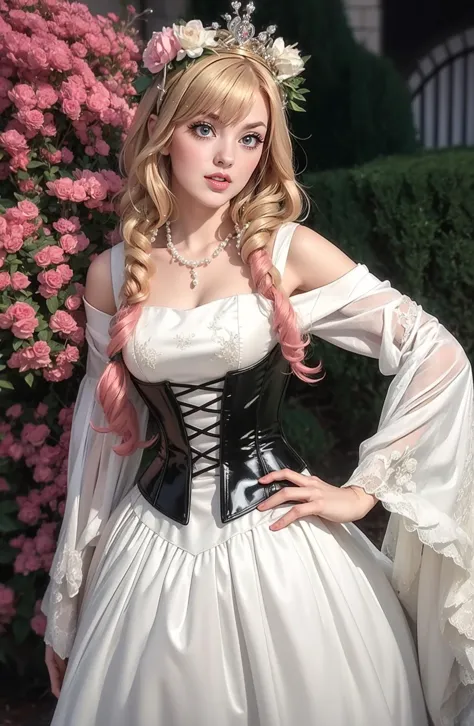 adult mature woman,  beautiful, high quality, best quality, highres, high detail,  <lora:b34uty_g0wn_2:0.7> b34uty_g0wn_1, brocade long ((black latex)) gown,  pink corset lace, puffy underskirt, cutout shoulders,  gems, necklace, floral headpiece, standing, hand on hip,  Char_MarinKitagawa:0.8,Theme_Princess_TA