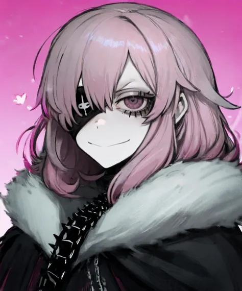 jk style,best quality,absurdres,masterpiece,traditional media,dark theme,blurry,Anime Art Illustration,1girl,black clothes,hooded cloak,cloak,fur,(eyepatch:1.3),pink eyes,pink hair,closed mouth,smirk,shoulder armor,(heart)symbol,messy hair,long hair,spikes,colored eyelashes,pink eyelashes,colored skin,pale skin,looking at viewer,upper body,chain,snow background,simple background,red background,solo,<lora:colored_eyelashes000:0.8>,<lora:Mp:0.5>,<lora:jk style by goofy ai:0.6>,<lora:chan8016:0.5>,<lora:cultiste:0.6>,<lora:Mdf_anStyle:0.3>,<lora:LowRA:0.6>,