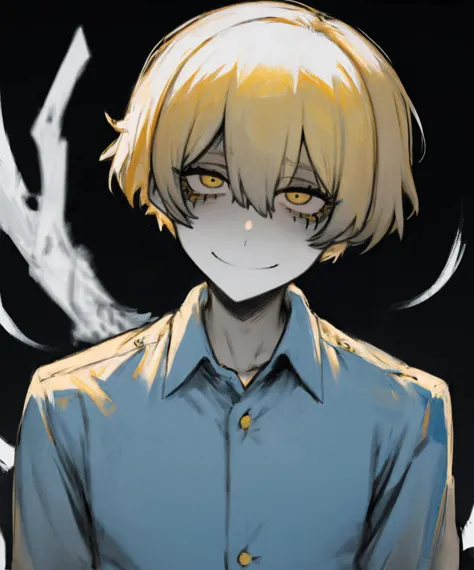 jk style,best quality,absurdres,masterpiece,traditional media,dark theme,blurry,Anime Art Illustration,upper body,1boy,blind,smile,white eyes,teenager,pale_skin,thin,yellow hair,mascara,empty eyes,blank eyes,blue_pupils,small nose,:>,wings,collared_shirt,<lora:Mdf_anStyle:0.3>,<lora:LowRA:0.6>,<lora:chan8016:0.5>,<lora:Mp:0.5>,<lora:jk style by goofy ai:0.6>,