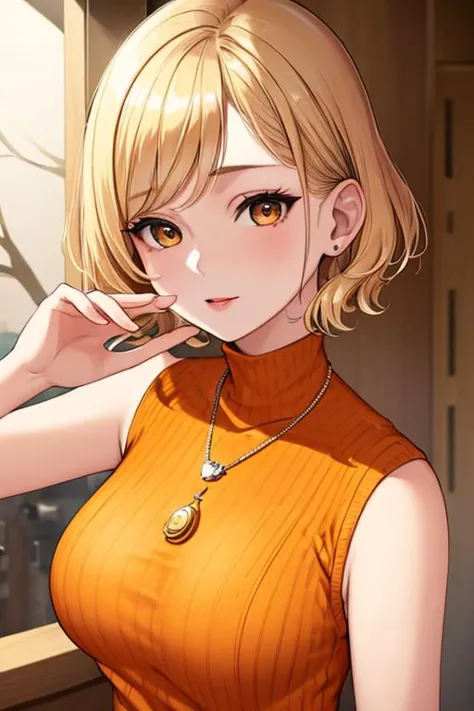 <lora:EllaNyan:0.8> ellanyan,short hair, (blond hair:1.2), wearing an orange sleeveless sweater, turtleneck, wearing a bird pend...
