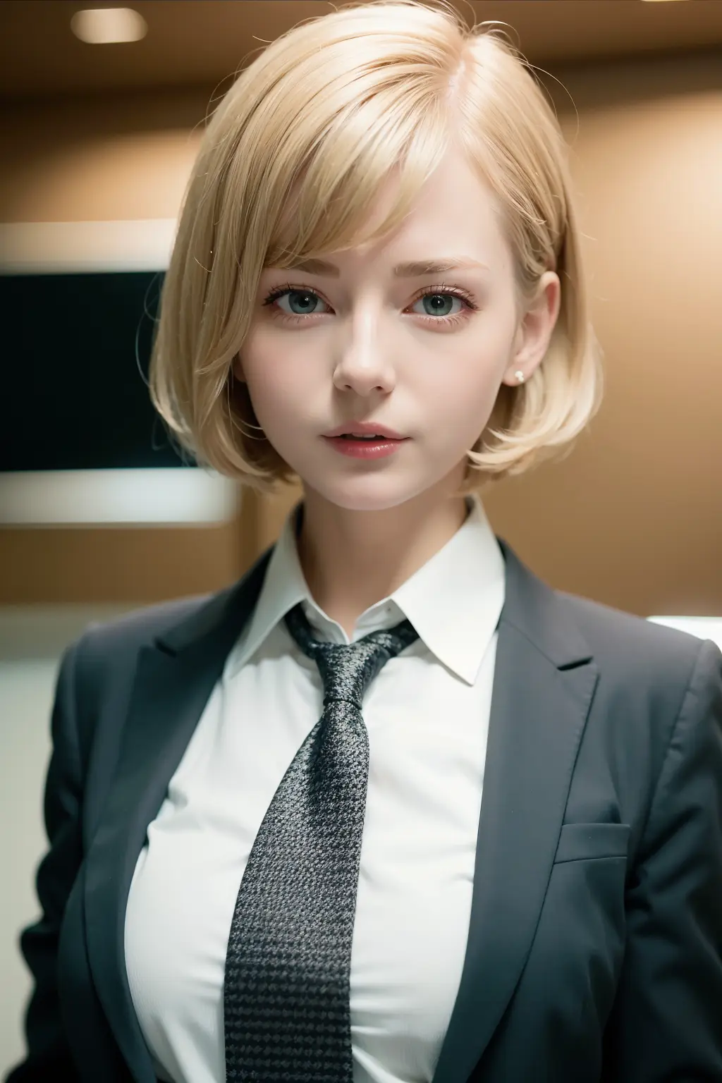 Closeup Photo Of A Girl Short Hair Blond Hair Wearing A Business Suit Standing In An Office