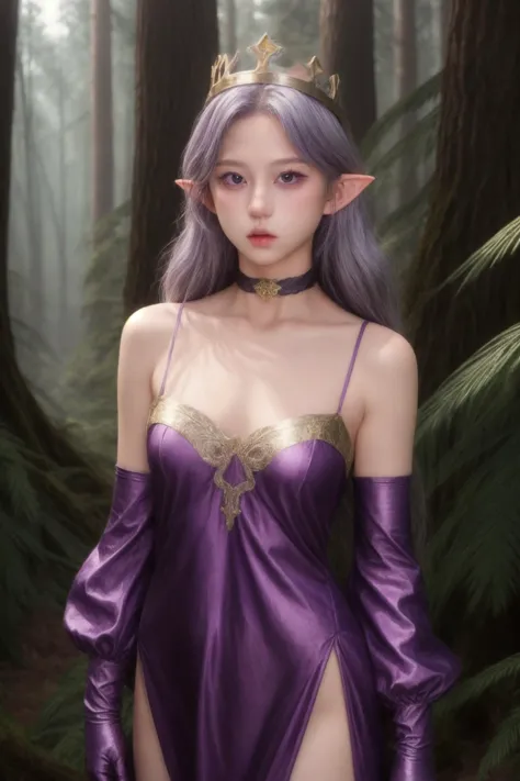 1girl, high quality,  looking at viewer,  in forest, cowboy shot, purple gown, , shiny skin, elf_ears, silver hair, gold trim, m...