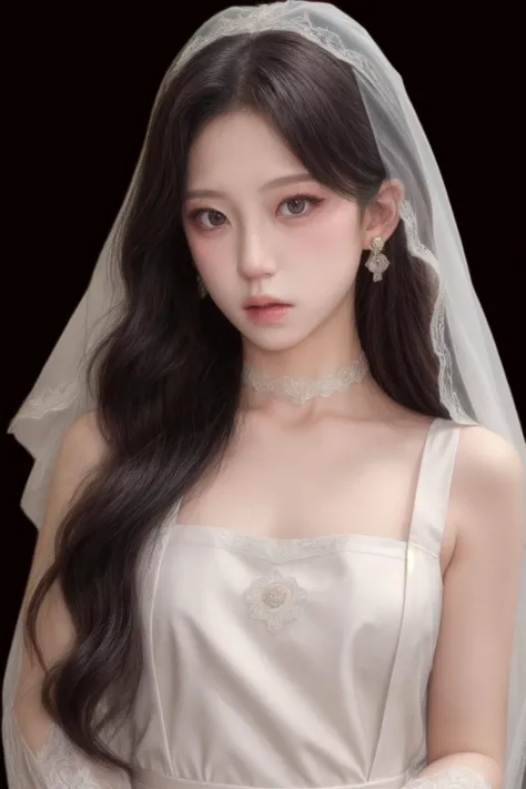 masterpiece, high quality,1girl, upper body, wedding dress, bridal veil,waist apron, lace trim, choker,earrings, lace trim, orna...