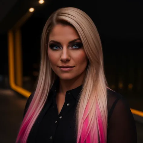 blonde woman with pink hair and black shirt in a tunnel