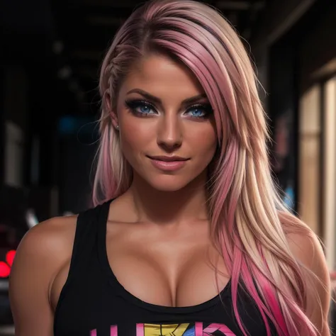 Best_QualityPos, RAW photo, intricate details, best quality, 8k uhd, soft lighting, 1girl, solo, alexa bliss, blue eyes, long ha...