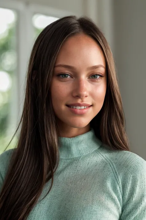 a close up of a woman with long hair wearing a green sweater