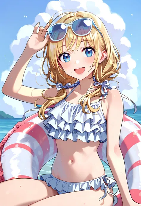 score_9, score_8_up, score_7_up, <lora:PDFA_Style8356194477-000450:1>, 1girl, blush, smile, looking at viewer, swimsuit, :d, arm...