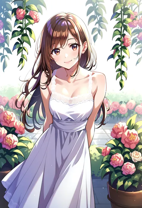 anime girl in white dress standing in front of flowers