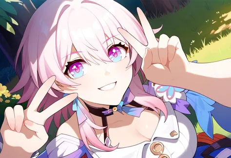 score_9, score_8_up, score_7_up, score_6_up, score_5_up, source_anime, rating_questionable
BREAK
(march 7th \(honkai: star rail\):1.2), pink hair, two-tone eyes, multicolored eyes, blue eyes, pink eyes, medium hair, hair intakes, large breasts, single earring, gradient jacket, black corset, choker, pleated blue skirt
BREAK
(selfie, v, peace sign, hand up:1.2), outdoors, mountain, smile, 1girl, solo, detailed background, eye focus, bloom, backlighting