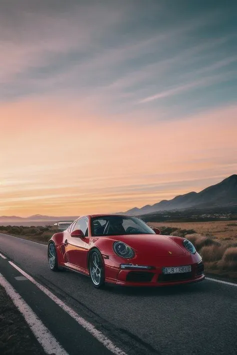 <lora:retroMoto:1>, retroMoto two porsches driving down a road with a sky backgroundt, (High detail RAW Photo), (masterpiece, ph...