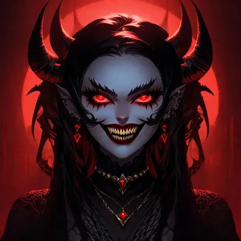 Hermosa doncella demonio, cuernos en la cabeza, sexy, sonrisa afectada, misterioso, fondo intrincado, aterrador, horrorpunk, demonio, Estético, iluminación dinámica, hiperdetallado, Fotorrealista, inspirado en Pinterest y arte de Midjourney