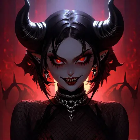 Hermosa doncella demonio, cuernos en la cabeza, sexy, sonrisa afectada, misterioso, fondo intrincado, aterrador, horrorpunk, demonio, Estético, iluminación dinámica, hiperdetallado, Fotorrealista, inspirado en Pinterest y arte de Midjourney