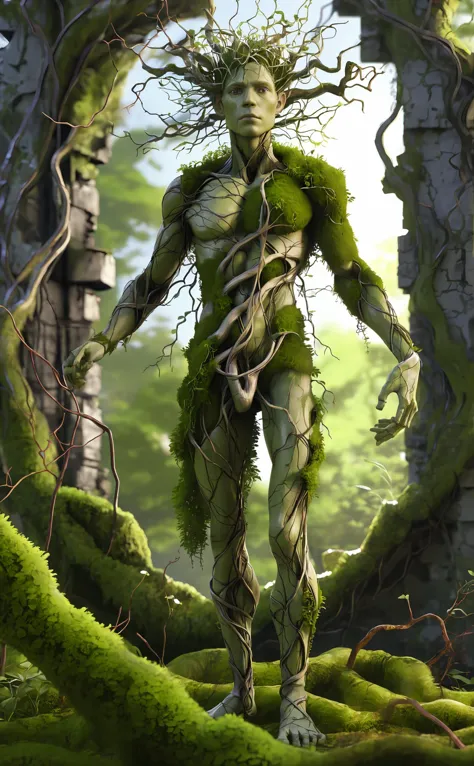 Bioengineered tree-human hybrid,looking at viewer,entwined branches for hair,bark skin,foliage sprouting from body,standing in an overgrown ruins,with moss and vines,ultra realistic,high resolution,depth of field,aesthetic,product introduction photo,