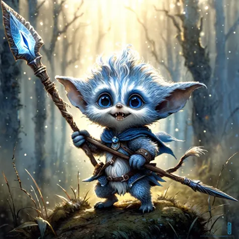 a close up of a small animal holding a spear in a forest