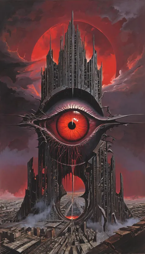 a painting of a large eye with a city in the background