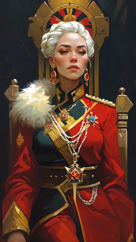 (regal Militär portrait of a weiblich communist commander, Malerei:1.2), (Frau:1.4), weißes geflochtenes Haar, posiert, (imposiert:1.2), Kaiserliche , Militär, Goldbesatz , Rot-Schwarz-Goldene Robe, fur neck, Schmuck, Kommunistischer Thronsaal, Büro, Russisch, dunkler Hintergrund, Kreuz Ohrringe, Gürtel, (weiblich:1.3), (Cedric Peyravernay:1.1)(Greg Rutkowski, loish, Rad, beeple, Makoto Shinkai und Lois van Baerle, Ilja Kuwschinow, Abonnieren, Tom Bagshaw, Alphonse Mucha:1),
brechen,
Grafikdesign, digital Malerei, artstation, Konzeptkunst, Hautunreinheiten, klarer Fokus, Illustration, Globale Beleuchtung, detaillierte und komplexe Umgebung, Fantasie