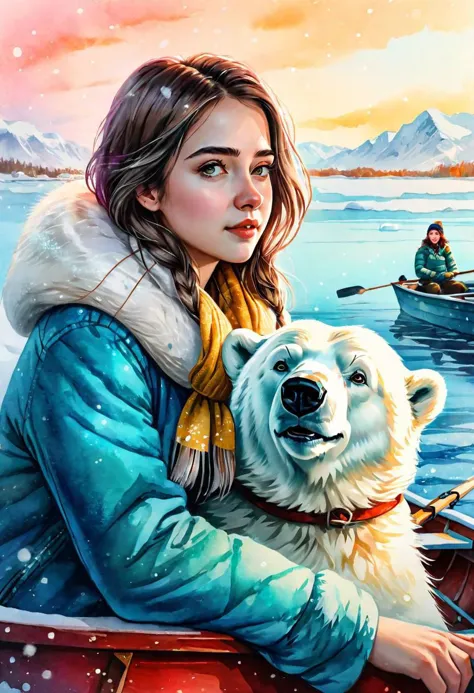 painting of a woman in a boat with a polar bear