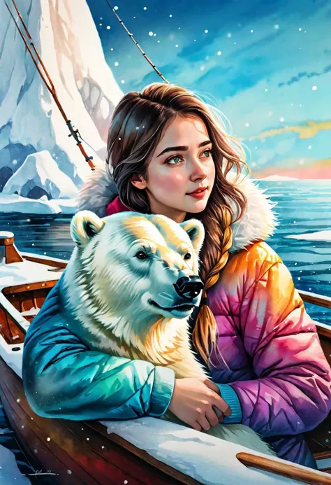 painting of a woman and a polar bear in a boat