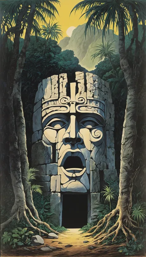 a painting of a stone face in the jungle with trees