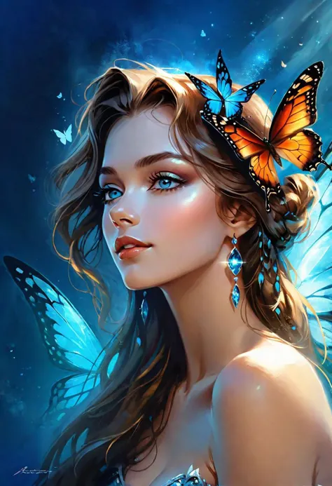 a woman with a butterfly in her hair and a butterfly in her hair