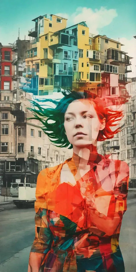 deconstructed portrait photography, Thinking woman, mixed media dadaism style. Layers of bright color. Double exposure buildings. <lora:DeconDada-000008:1.4>  <lora:Double_Exposure:0.5>