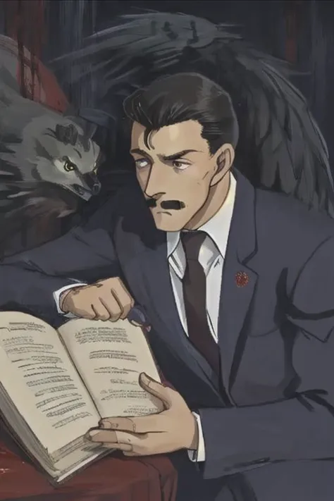 anime man in suit reading a book with a cat behind him