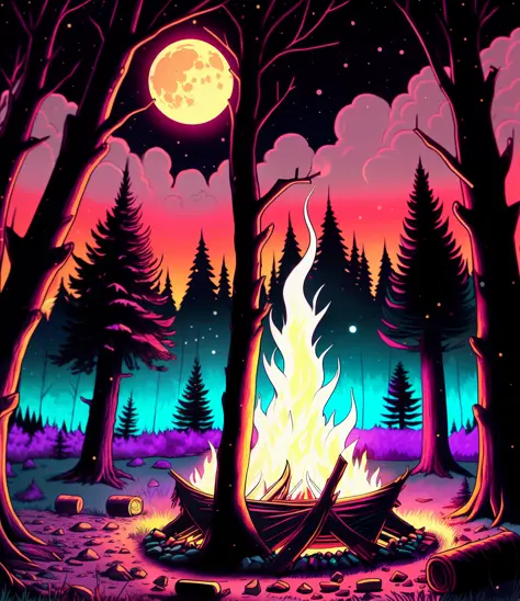 a campfire in the woods with a full moon
