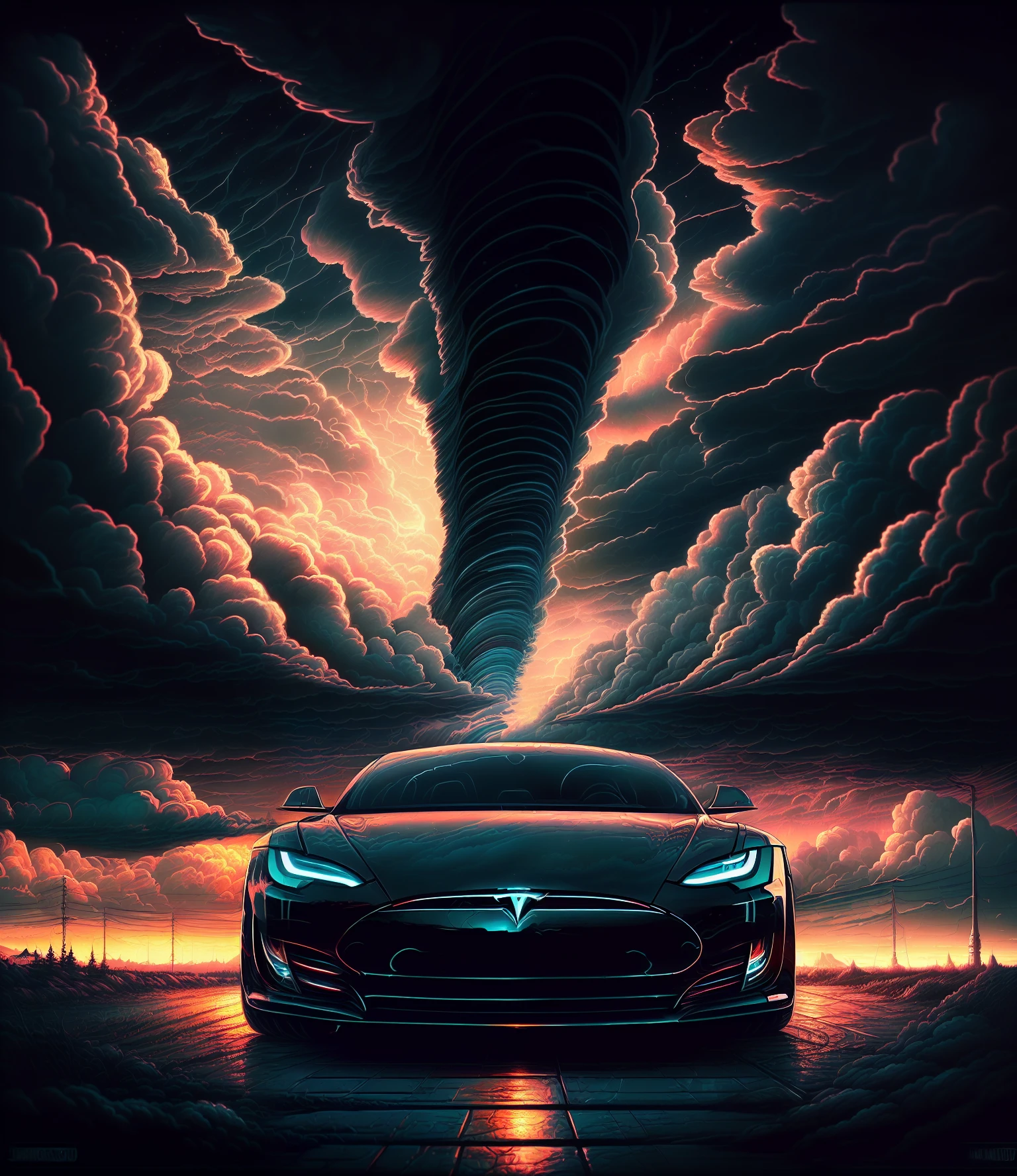 (abstract:1.2) front view (the tesla car, beautiful clouds, night:1.1) portrait, artistic sharp gloomy art, (dan mumford style:1.3), hdr, realism, cinematic atmosphere, lovecraft style, (JimJorCrafLogo art style:1.4). 