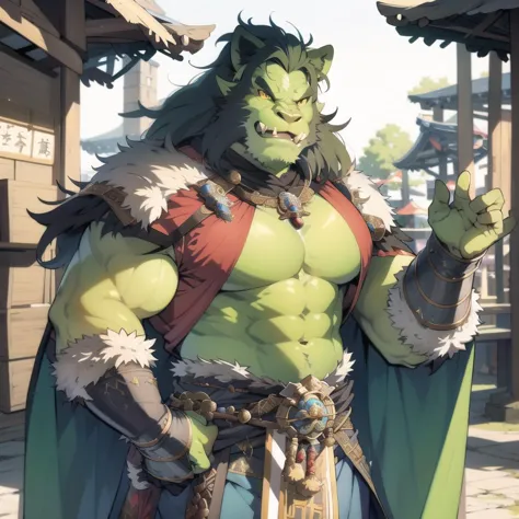 male orc, (fang out:1.2), Yoshitaka Amano painting of upper body of furry lion beast-man, medieval market, wearing complex fantasy bohemian clothing, Renaissance style lighting,  <lora:Orc-G_V1.0:0.3:1:lbw=1, 0, 0, 0, 0, 0, 0, 0, 0, 1, 1, 1, 1, 1, 1, 1, 1>