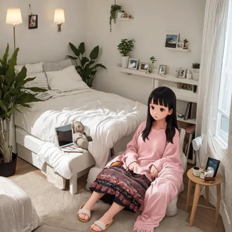 best quality, ultra-detailed, illustration, extremely intricate,
JJROOM, scenery, 1girl, chair, indoors, sitting, slippers, book, plant, black hair, long hair, bed, blanket, window, lamp, pillow, curtains, table, computer, potted plant, skirt, realistic, photo (medium), photo background
 <lora:JAPAN_Scenery_Hitorikurashi_Joshi_no_Heya_SD15_V1:1>