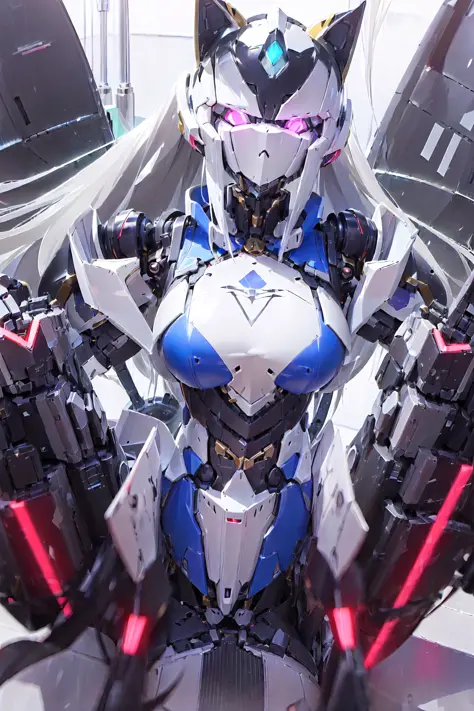 ((masterpiece)), a  (robot:1.6) with sleek and menacing design, glowing eyes, long hair, asymmetric body, highly detailed, 1girl...