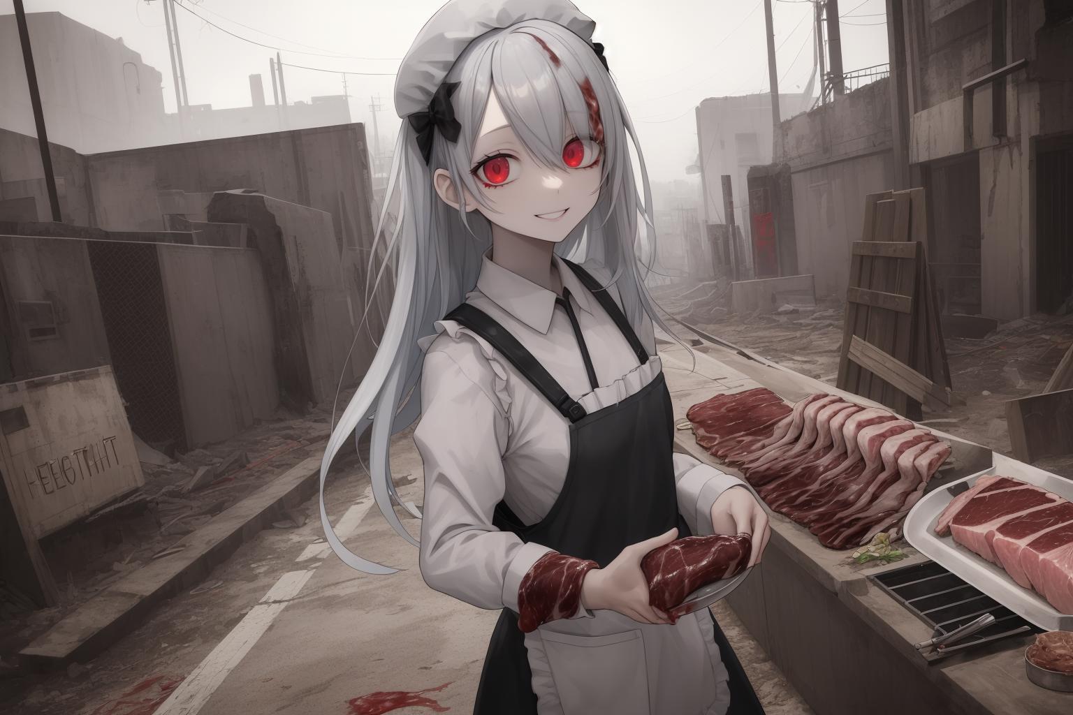 Anime girl with long hair holding a tray of meat in a dirty alley - SeaArt  AI