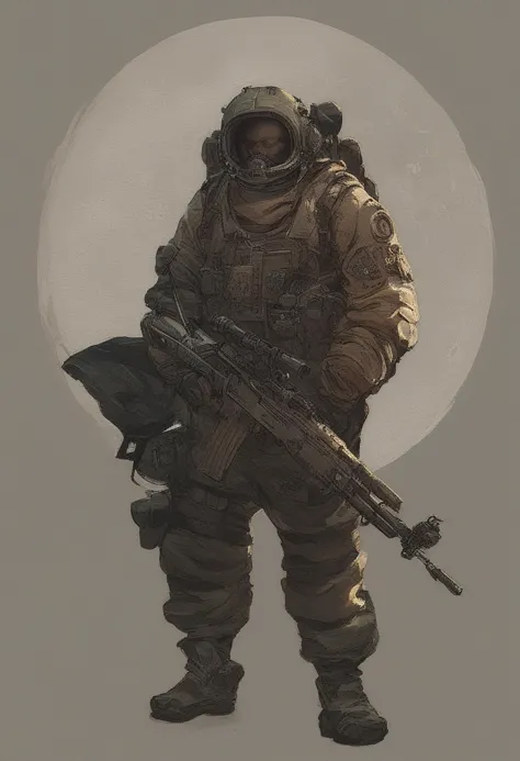 a man in a gas mask holding a rifle and a rifle