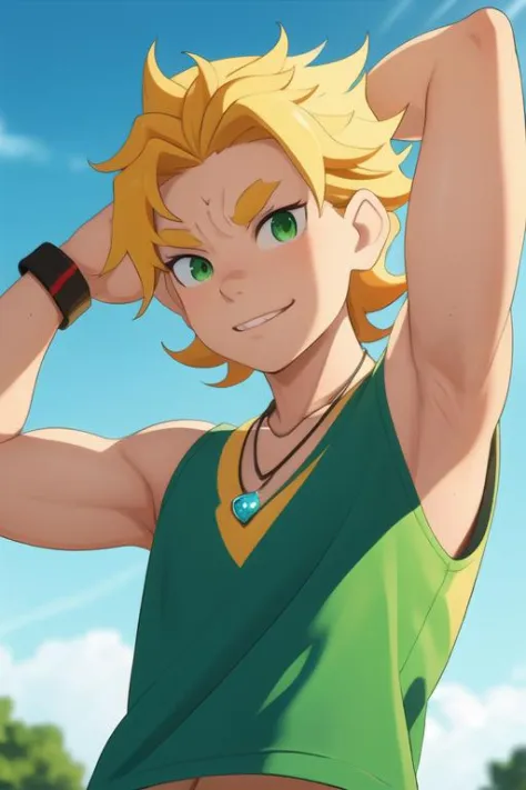 masterpiece, best quality, illustration, 1boy, solo, male focus, looking at viewer, upper body, depth of field, <lora:garfiel_tinsel:0.74>, garfiel_tinsel, blonde hair, green eyes, jewelry, necklace, sportswear