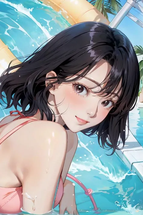 (masterpiece:1.1), best quality, vivid, Sweet girl portrait, 
1girl, solo, small earrings, bangs, medium hair, rose, nail polish, peach nails, medium breast, sexual appeal, High contrast, full body, black hair, medium hair, looking at viewer, cleavage, smirk, waterpark, red plunge swimsuit, blush, hair tubes, sitting on a water slide,