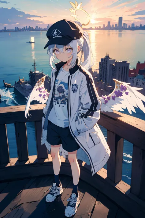 <lora:azusa2:0.8> azusarnd, halo, ponytail, wings, oversized t-shirt, flat cap, jacket, open jacket, shorts, sneakers, cityscape, ocean, masterpiece, best quality, highres, <lora:GoodHands-vanilla:1> nice hands, perfect hands