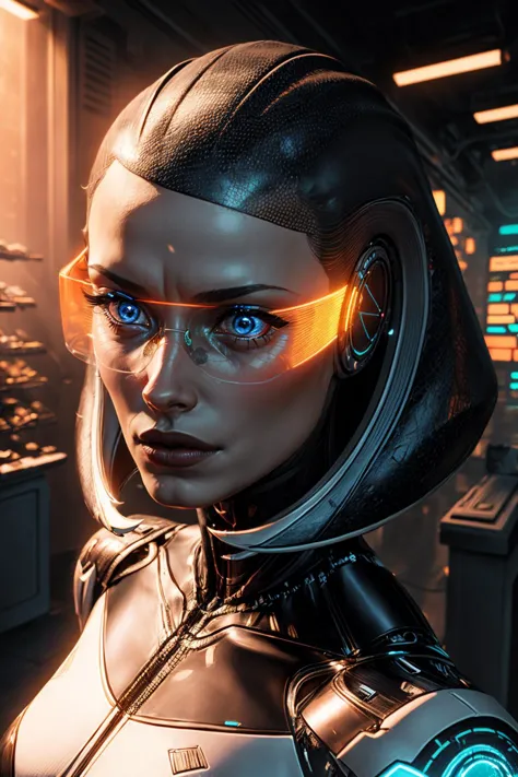 (melhor qualidade, obra de arte, Rosto Perfeito) Edi, fêmea, mulher, óculos holográficos laranja, parede de vidro cyberpunk, loja de ciborgues, luzes de neon, Revele o extraordinário com nosso fembot cyberpunk, uma mistura harmoniosa de graça artificial e engenharia de ponta. Seus membros biomecânicos se movem com precisão fluida, e seu cabelo holográfico muda de cor de acordo com seu humor. Mergulhe na exibição interativa, onde ela demonstra sua versatilidade e adaptabilidade. Eleve a sua existência com o auge da inovação cibernética.  (hiper-realismo, luz suave, Luz dramática, afiado, HDR)